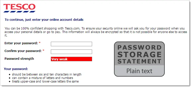 Tesco online registration page with 'Password Storage Statement: Plain text' displayed