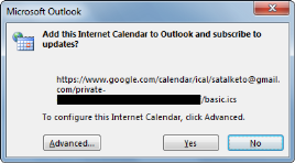 Confirm add iCal to Outlook