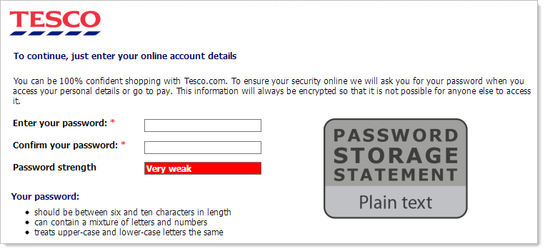 Tesco online registration page with 'Password Storage Statement: Plain text' displayed